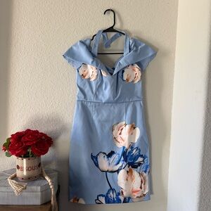 ASOS off the shoulder halter Blue Floral Mini Dress Womens 8